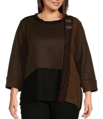 Ali Miles Plus Size Textured Rib Knit Color Block Round Neck 3/4 Sleeve Tunic