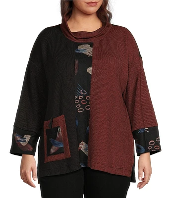 Ali Miles Plus Size Textured Ribbed Knit Color Block Print Cowl Neck 3/4 Sleeve Tunic