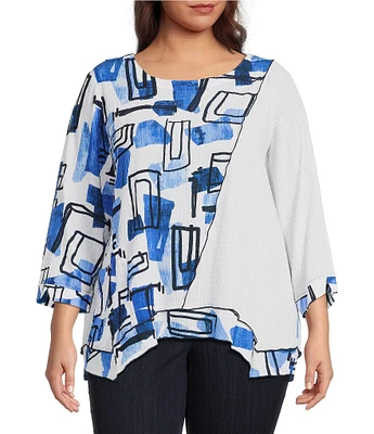 Ali Miles Plus Size Textured Woven Abstract Print Crew Neck 3/4 Sleeve Asymmetric Hem Tunic