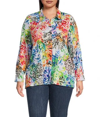 Ali Miles Plus Size Woven Abstract Multi Print Point Collar 3/4 Roll-Tab Sleeve Button-Front Tunic