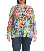Ali Miles Plus Size Woven Abstract Multi Print Point Collar 3/4 Roll-Tab Sleeve Button-Front Tunic
