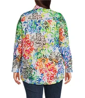 Ali Miles Plus Size Woven Abstract Multi Print Point Collar 3/4 Roll-Tab Sleeve Button-Front Tunic