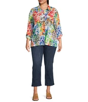 Ali Miles Plus Size Woven Abstract Multi Print Point Collar 3/4 Roll-Tab Sleeve Button-Front Tunic