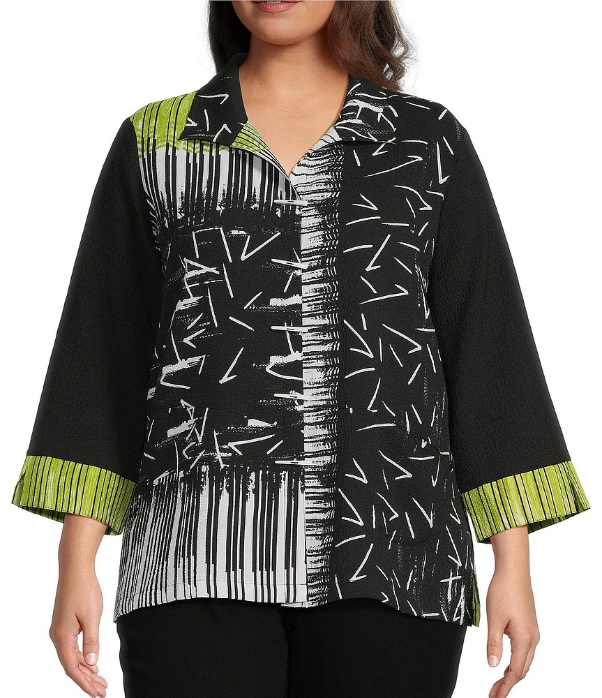 Ali Miles Plus Size Woven Abstract Print Point Collar 3/4 Sleeve Button-Front Tunic