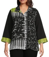 Ali Miles Plus Size Woven Abstract Print Point Collar 3/4 Sleeve Button-Front Tunic