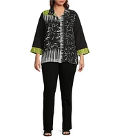 Ali Miles Plus Size Woven Abstract Print Point Collar 3/4 Sleeve Button-Front Tunic