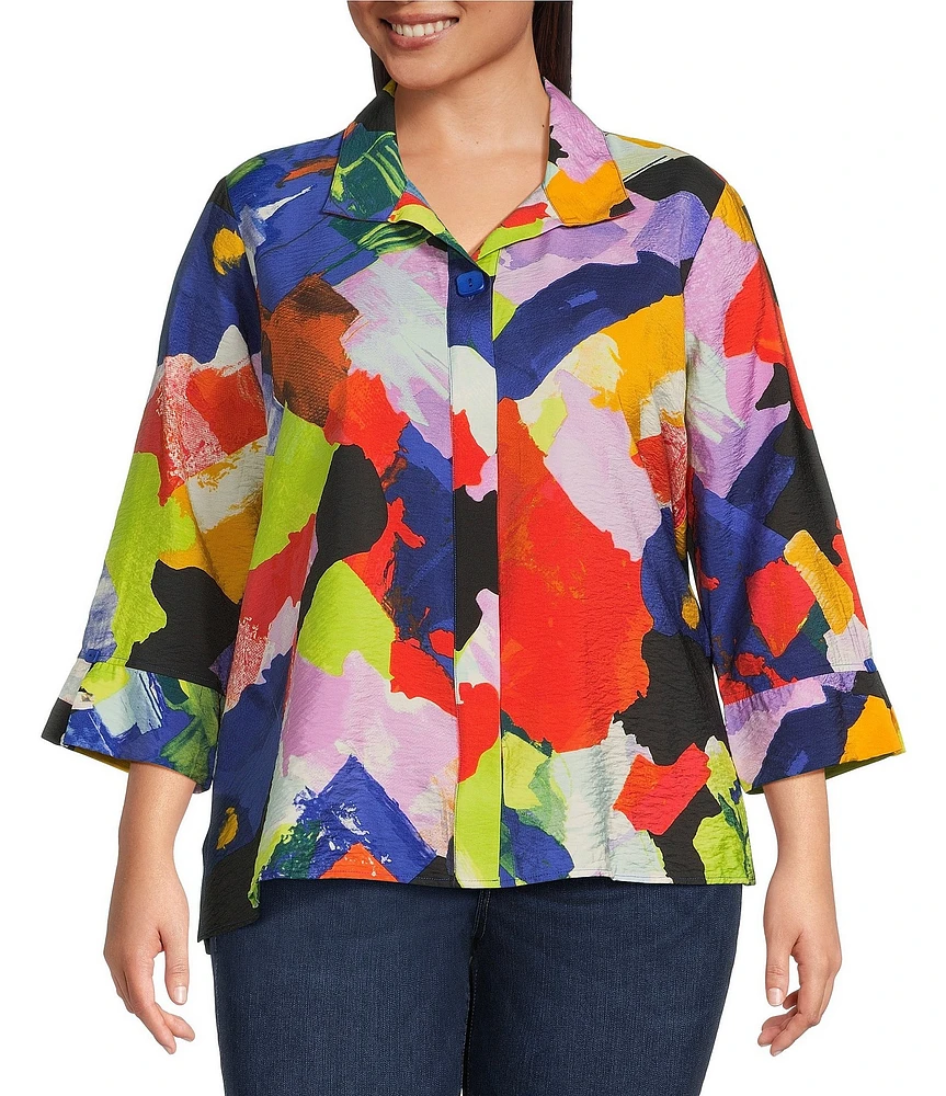 Ali Miles Plus Size Woven Abstract Print Point Collar 3/4 Sleeve Button Front Tunic