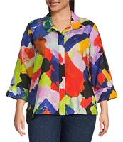 Ali Miles Plus Size Woven Abstract Print Point Collar 3/4 Sleeve Button Front Tunic