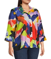 Ali Miles Plus Size Woven Abstract Print Point Collar 3/4 Sleeve Button Front Tunic