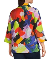 Ali Miles Plus Size Woven Abstract Print Point Collar 3/4 Sleeve Button Front Tunic