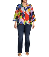 Ali Miles Plus Size Woven Abstract Print Point Collar 3/4 Sleeve Button Front Tunic