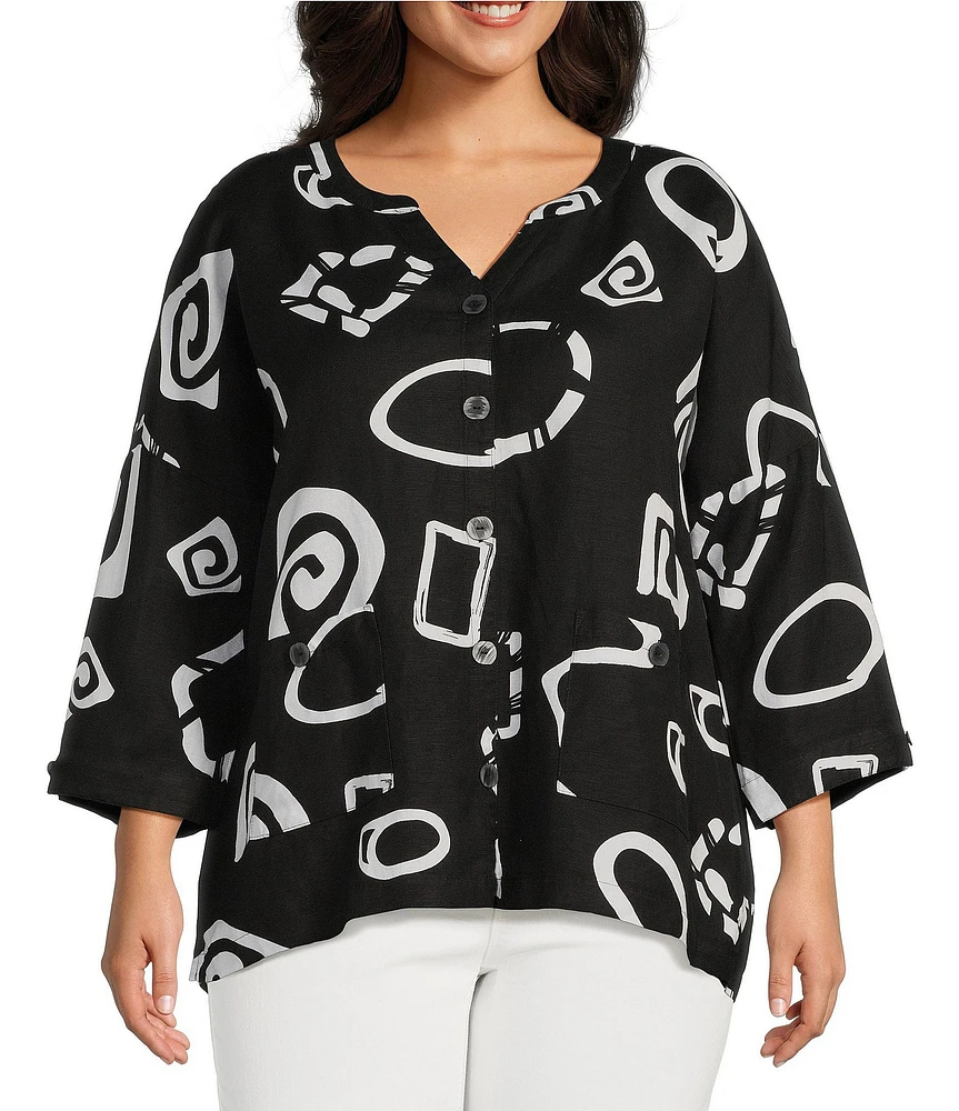 Ali Miles Plus Size Woven Abstract Print Stand Collar 3/4 Sleeve Button Front Tunic