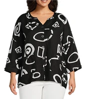 Ali Miles Plus Size Woven Abstract Print Stand Collar 3/4 Sleeve Button Front Tunic