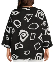 Ali Miles Plus Size Woven Abstract Print Stand Collar 3/4 Sleeve Button Front Tunic