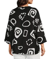 Ali Miles Plus Size Woven Abstract Print Stand Collar 3/4 Sleeve Button Front Tunic