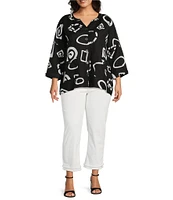 Ali Miles Plus Size Woven Abstract Print Stand Collar 3/4 Sleeve Button Front Tunic