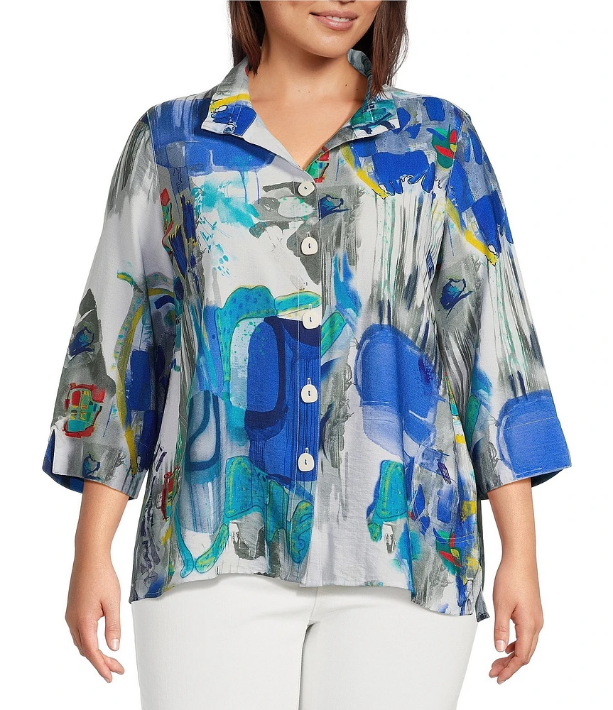 Ali Miles Plus Size Woven Abstract Print Wire Collar 3/4 Sleeve Button-Front Blouse