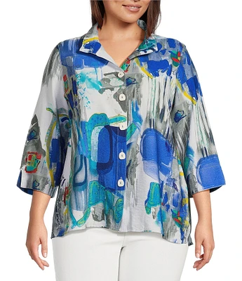 Ali Miles Plus Size Woven Abstract Print Wire Collar 3/4 Sleeve Button-Front Blouse