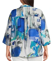 Ali Miles Plus Size Woven Abstract Print Wire Collar 3/4 Sleeve Button-Front Blouse