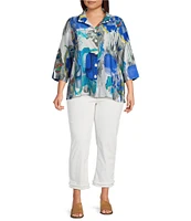 Ali Miles Plus Size Woven Abstract Print Wire Collar 3/4 Sleeve Button-Front Blouse