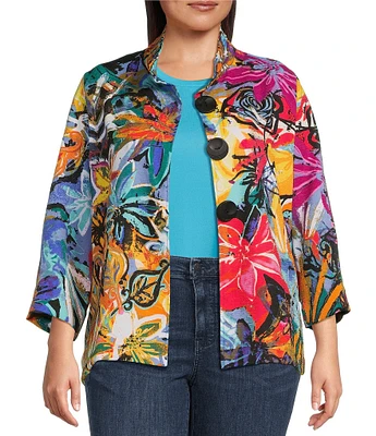 Ali Miles Plus Size Woven Abstract Print Wire Collar 3/4 Sleeve Button-Front Jacket