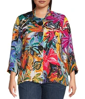 Ali Miles Plus Size Woven Abstract Print Wire Collar 3/4 Sleeve Button-Front Jacket