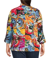 Ali Miles Plus Size Woven Abstract Print Wire Collar 3/4 Sleeve Button-Front Jacket