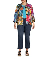 Ali Miles Plus Size Woven Abstract Print Wire Collar 3/4 Sleeve Button-Front Jacket