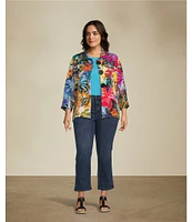 Ali Miles Plus Size Woven Abstract Print Wire Collar 3/4 Sleeve Button-Front Jacket