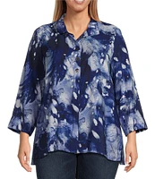 Ali Miles Plus Size Woven Abstract Print Wire Collar 3/4 Sleeve Hi-Low Hem Button-Front Tunic