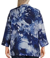 Ali Miles Plus Size Woven Abstract Print Wire Collar 3/4 Sleeve Hi-Low Hem Button-Front Tunic