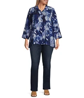 Ali Miles Plus Size Woven Abstract Print Wire Collar 3/4 Sleeve Hi-Low Hem Button-Front Tunic