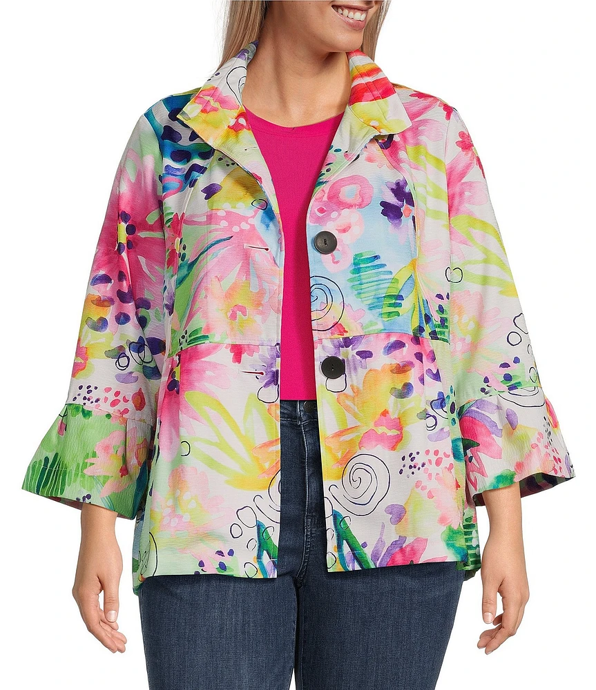 Ali Miles Plus Size Woven Abstract Wire Collar 3/4 Sleeve Button-Front Jacket