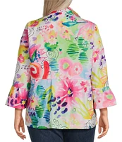 Ali Miles Plus Size Woven Abstract Wire Collar 3/4 Sleeve Button-Front Jacket