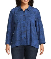 Ali Miles Plus Size Woven Allover Floral Embroidered Point Collar Long Sleeve Button Front Tunic
