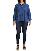 Ali Miles Plus Size Woven Allover Floral Embroidered Point Collar Long Sleeve Button Front Tunic