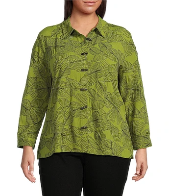 Ali Miles Plus Size Woven Allover Floral Embroidered Point Collar Long Sleeve Button Front Tunic
