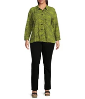 Ali Miles Plus Size Woven Allover Floral Embroidered Point Collar Long Sleeve Button Front Tunic