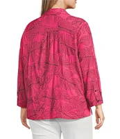Ali Miles Plus Size Woven Allover Floral Embroidered Point Collar Long Sleeve Button Front Tunic