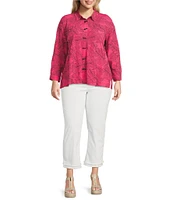 Ali Miles Plus Size Woven Allover Floral Embroidered Point Collar Long Sleeve Button Front Tunic