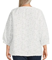 Ali Miles Plus Size Woven Clipped Jacquard Split V-Neck 3/4 Sleeve Tunic