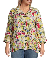 Ali Miles Plus Size Woven Floral Wire Collar 3/4 Sleeve Button-Front Tunic