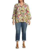 Ali Miles Plus Size Woven Floral Wire Collar 3/4 Sleeve Button-Front Tunic