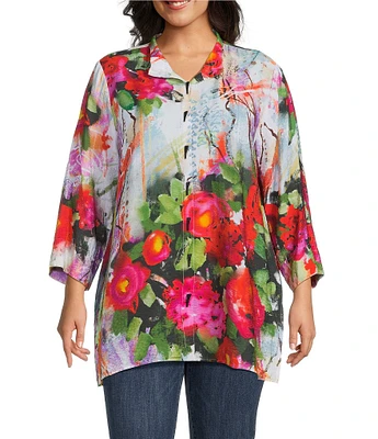 Ali Miles Plus Size Woven Floral Wire Neck 3/4 Cuff Sleeve Button-Front Tunic