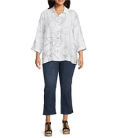 Ali Miles Plus Size Woven Geometric Print Point Collar 3/4 Sleeve Button-Front Tunic