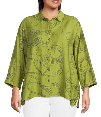 Ali Miles Plus Size Woven Geometric Print Point Collar 3/4 Sleeve Button-Front Tunic
