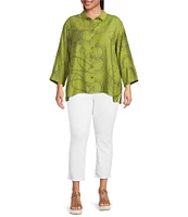 Ali Miles Plus Size Woven Geometric Print Point Collar 3/4 Sleeve Button-Front Tunic