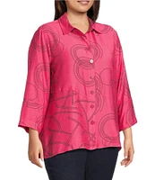 Ali Miles Plus Size Woven Geometric Print Point Collar 3/4 Sleeve Button-Front Tunic