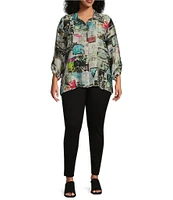 Ali Miles Plus Size Woven Impasto Abstract Print Point Collar 3/4 Roll-Tab Sleeve Hi-Low Hem Button-Front Tunic