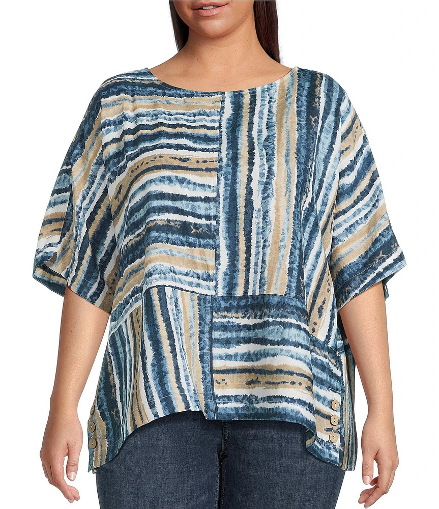 Ali Miles Plus Size Woven Linen Blend Abstract Stripe Round Neck Elbow Sleeve Sharkbite Hem Tunic